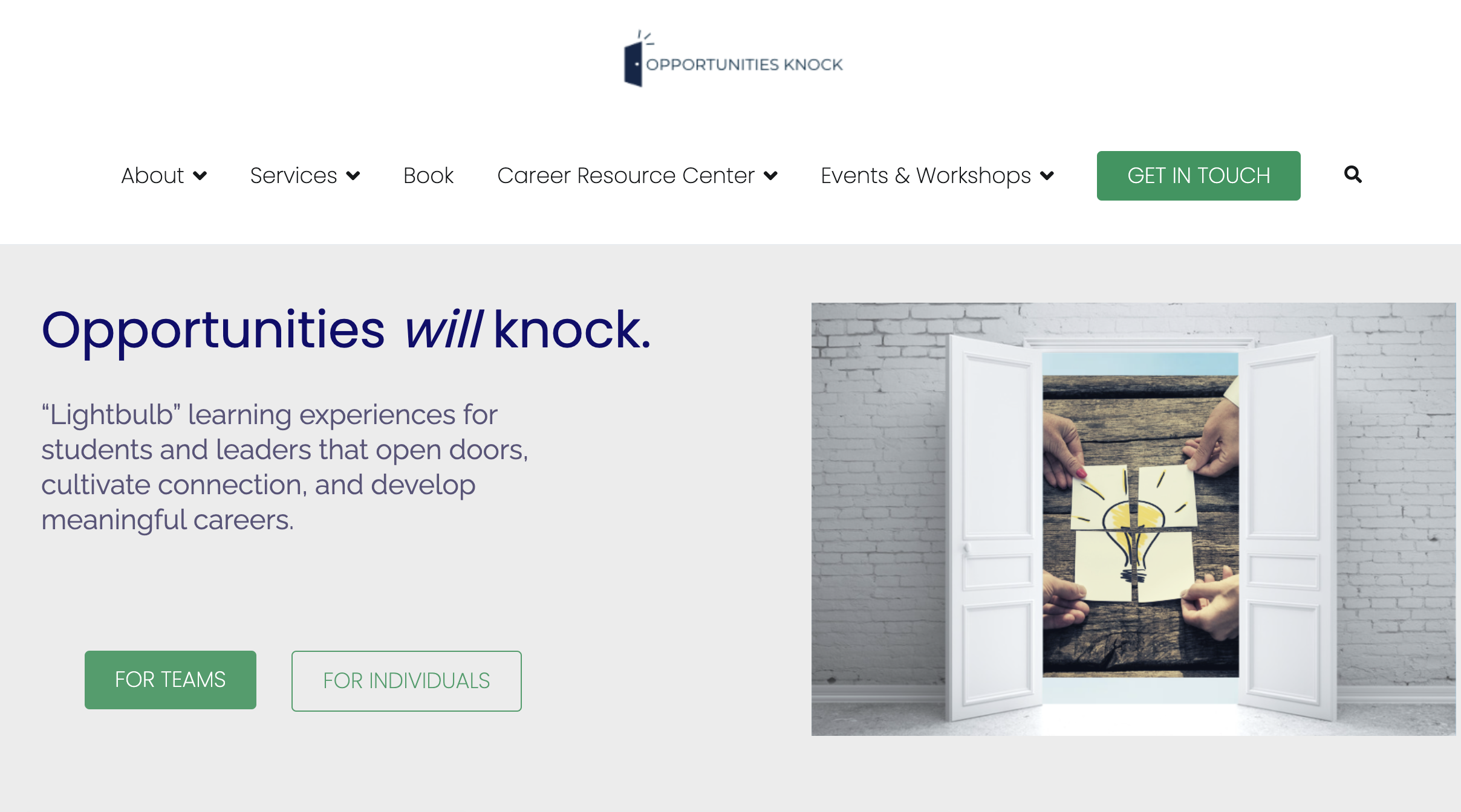 new career development website redesign featuring The Knock Method, and services to help students, individuals, and entrepreneurs build meaningful careers