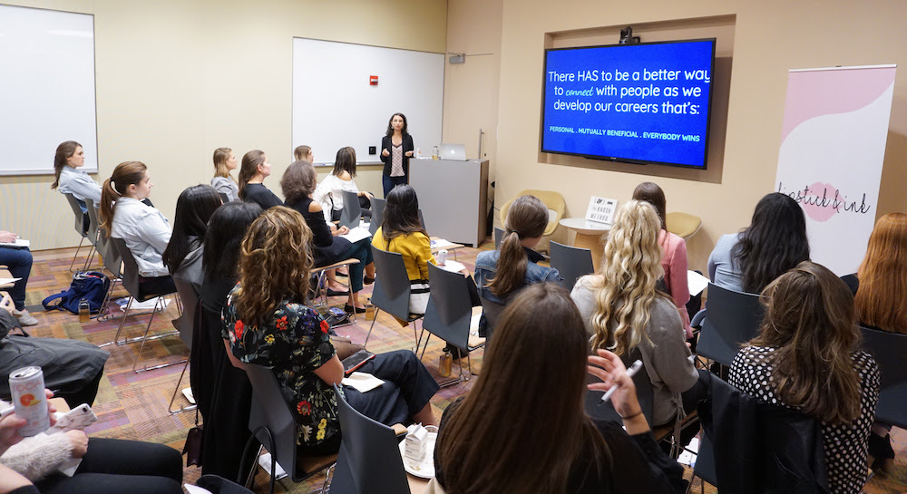 Rebecca Otis Leder speaks to a group of 50 women about strategies to help them connect deeper to build meaningful careers.